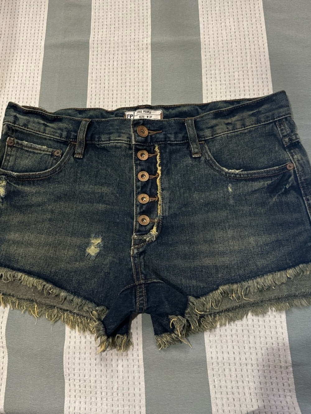 Free People Dark Indigo Frayed Hem Button-Front Denim Shorts